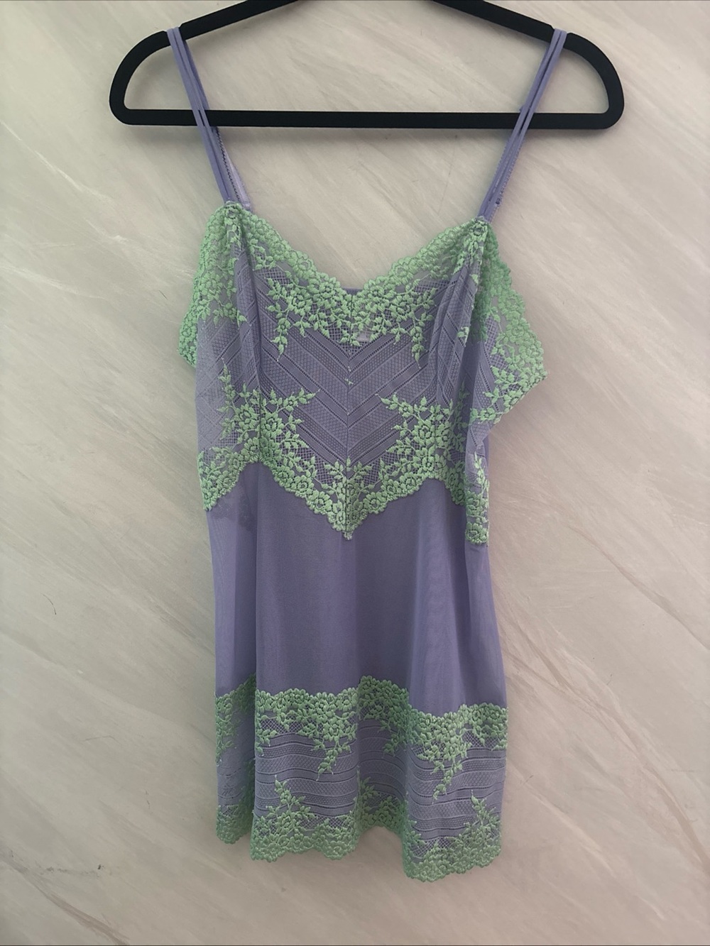 Wacoal Embrace XL Periwinkle /Green Lace Chemise Slip Dress Sheer Mesh Fairycore
